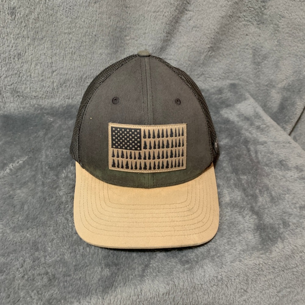 Columbia PFG Trucker Hat American Flag Pine Tree Mesh Back Flexfit Gray Tan S/M